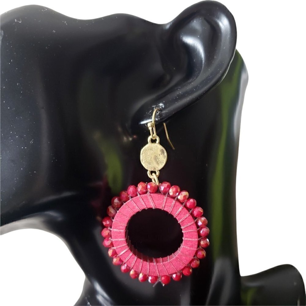 Womens Red Wood Glass Beads Hoop Circle Drop Dangle French Hook Earrings Jewelry